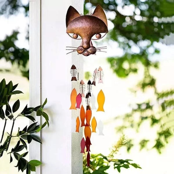 Handcrafted Metal Cat and Recycled Glass Fish Wind Chime