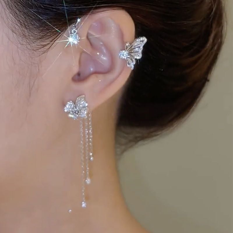 BUTTERFLY FLOWER TASSEL SHINY ZIRCON EARRINGS