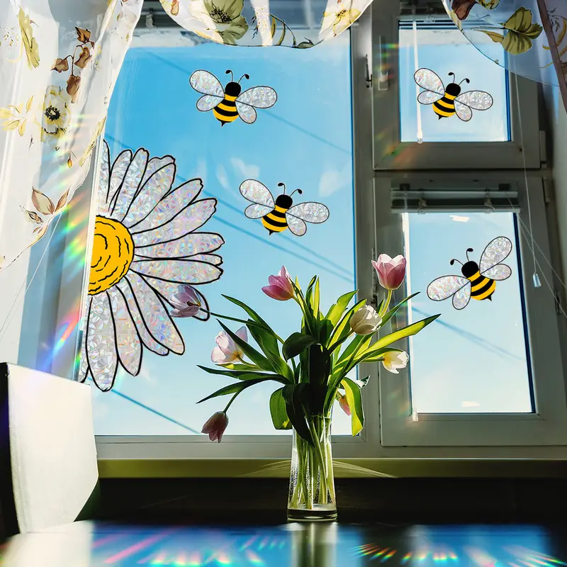 bees style window sticker cute bee glass decals double sided pattern sticker removable diy glass sticker home office decoration living room and bedroom window art sticker details 3