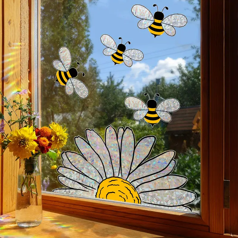 bees style window sticker cute bee glass decals double sided pattern sticker removable diy glass sticker home office decoration living room and bedroom window art sticker details 0