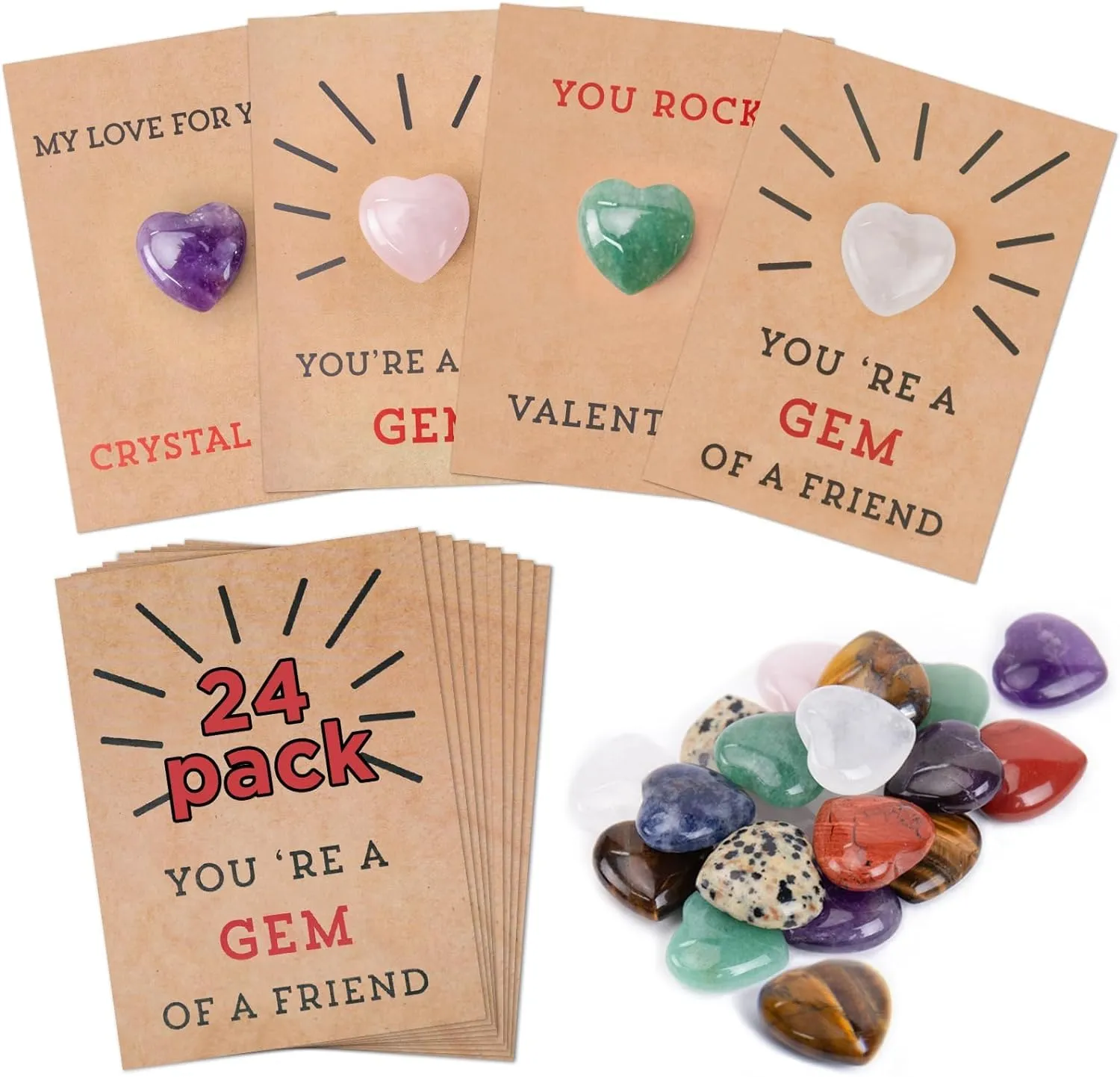 24 Pack Valentines Cards with Heart-Shape Crystals-Valentines Day Gifts for Kids