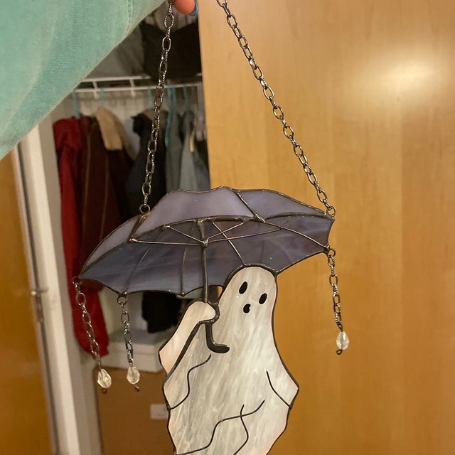 Funny Ghost with Umbrella Stained Glass Suncather