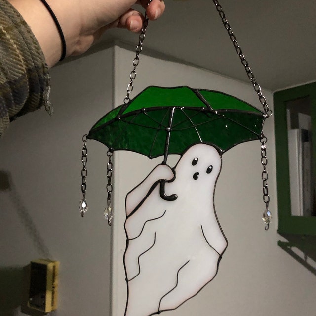 Funny Ghost with Umbrella Stained Glass Suncather