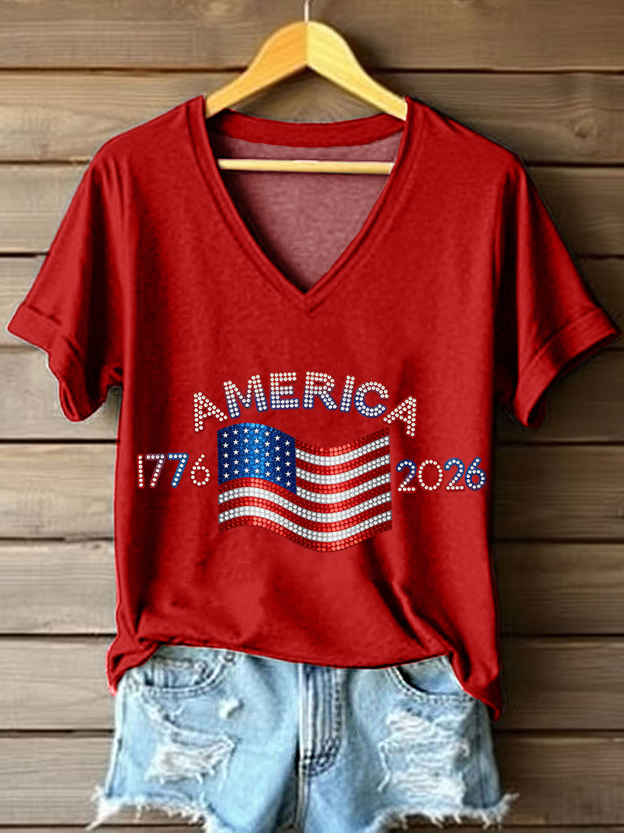 Women's American 1776-2026 Rhinestone Pattern V-Neck T-Shirt