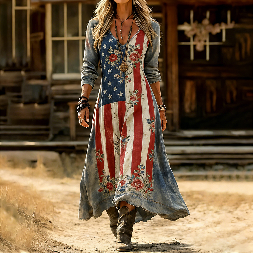 American Floral Art and Leisure Print Casual Dress