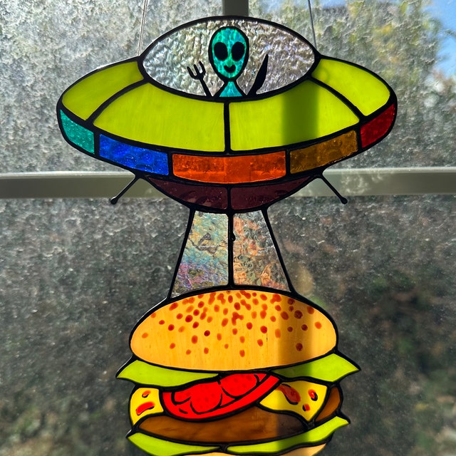 UFO Abduction a cow Stained glass window hangings