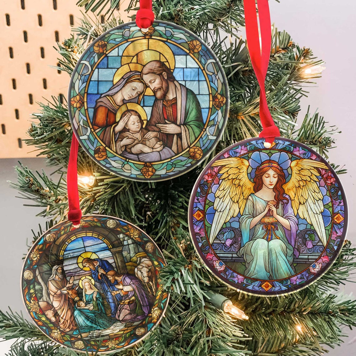 Set Of 5 Nativity Christmas Ornament Faux Stained Glass image 7