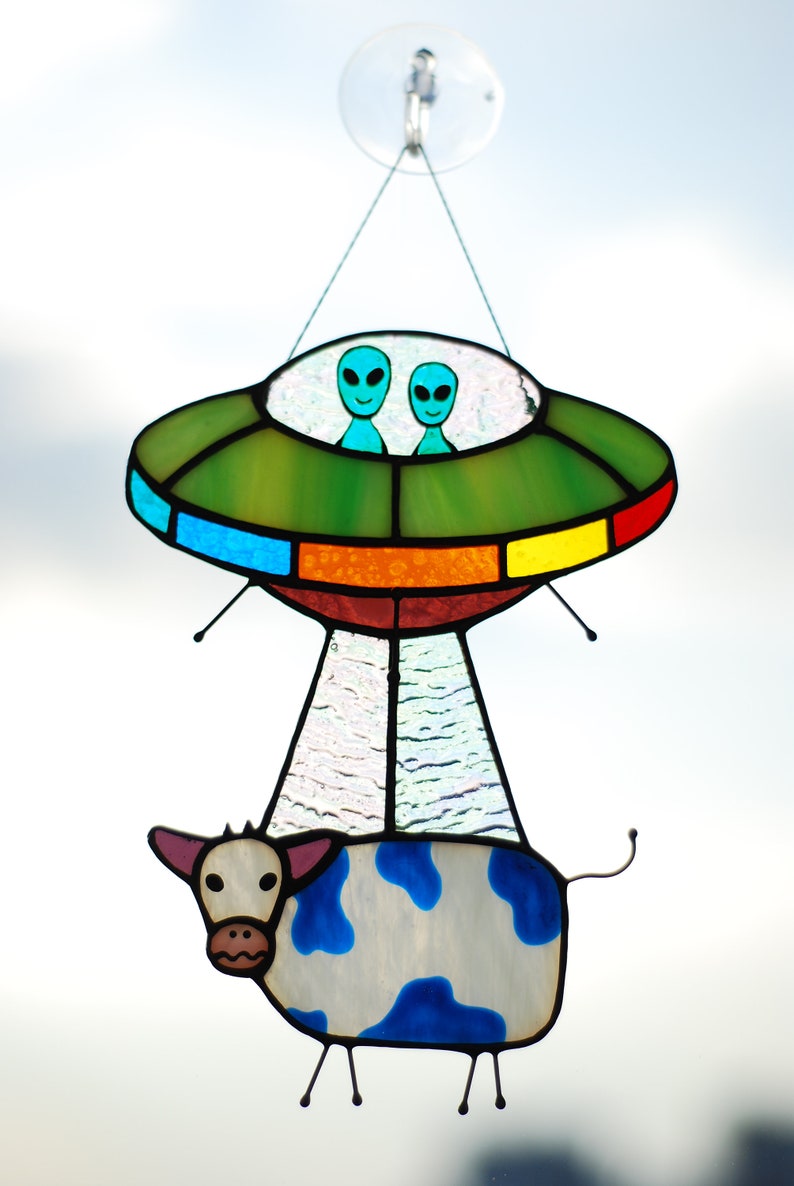 UFO Abduction a cow Stained glass window hangings