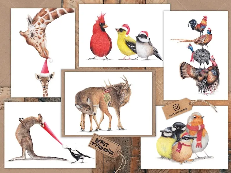 🦌Funny Wildlife Art Christmas Cards