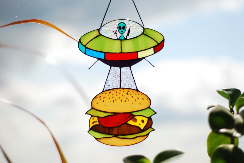 UFO Abduction a cow Stained glass window hangings