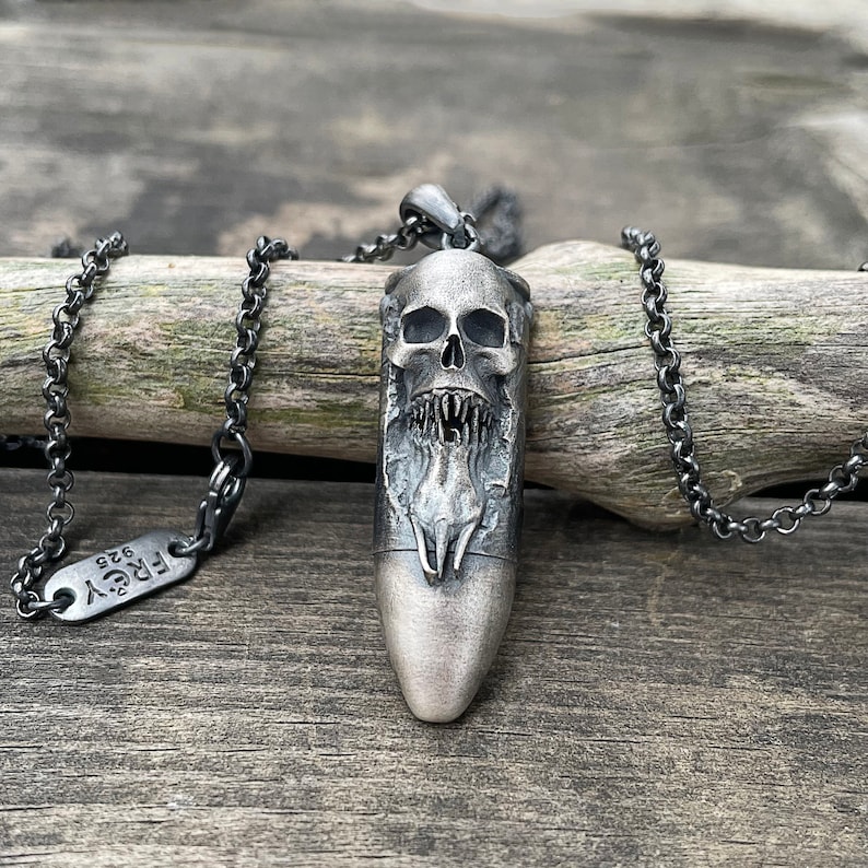 Skull Bullet Handmade 925 Sterling Silver Necklace, Engraved Men's Oxidized Silver Pendant, Bullet Pendant Gift for Him, Silver Mens Pendant image 5