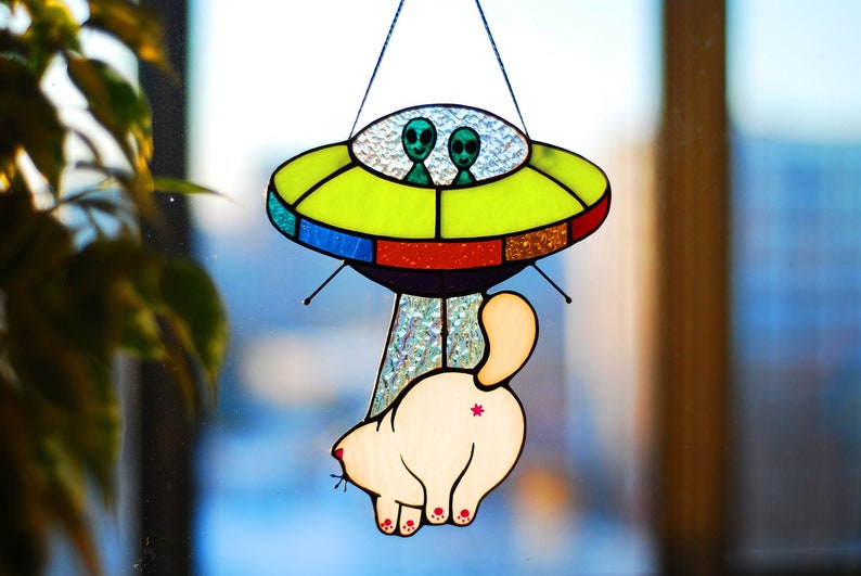 UFO Abduction a cow Stained glass window hangings