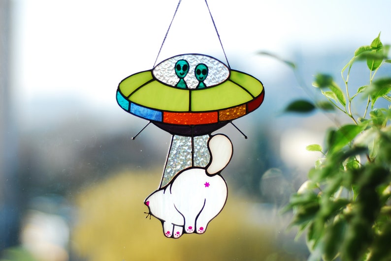UFO Abduction a cow Stained glass window hangings
