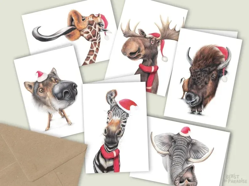 🦌Funny Wildlife Art Christmas Cards