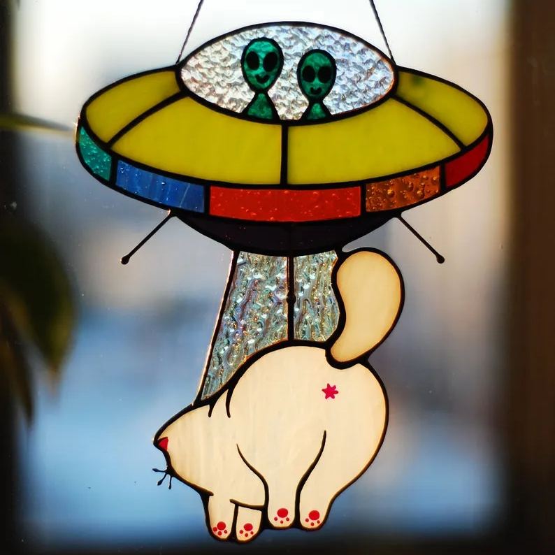 UFO Abduction a cow Stained glass window hangings