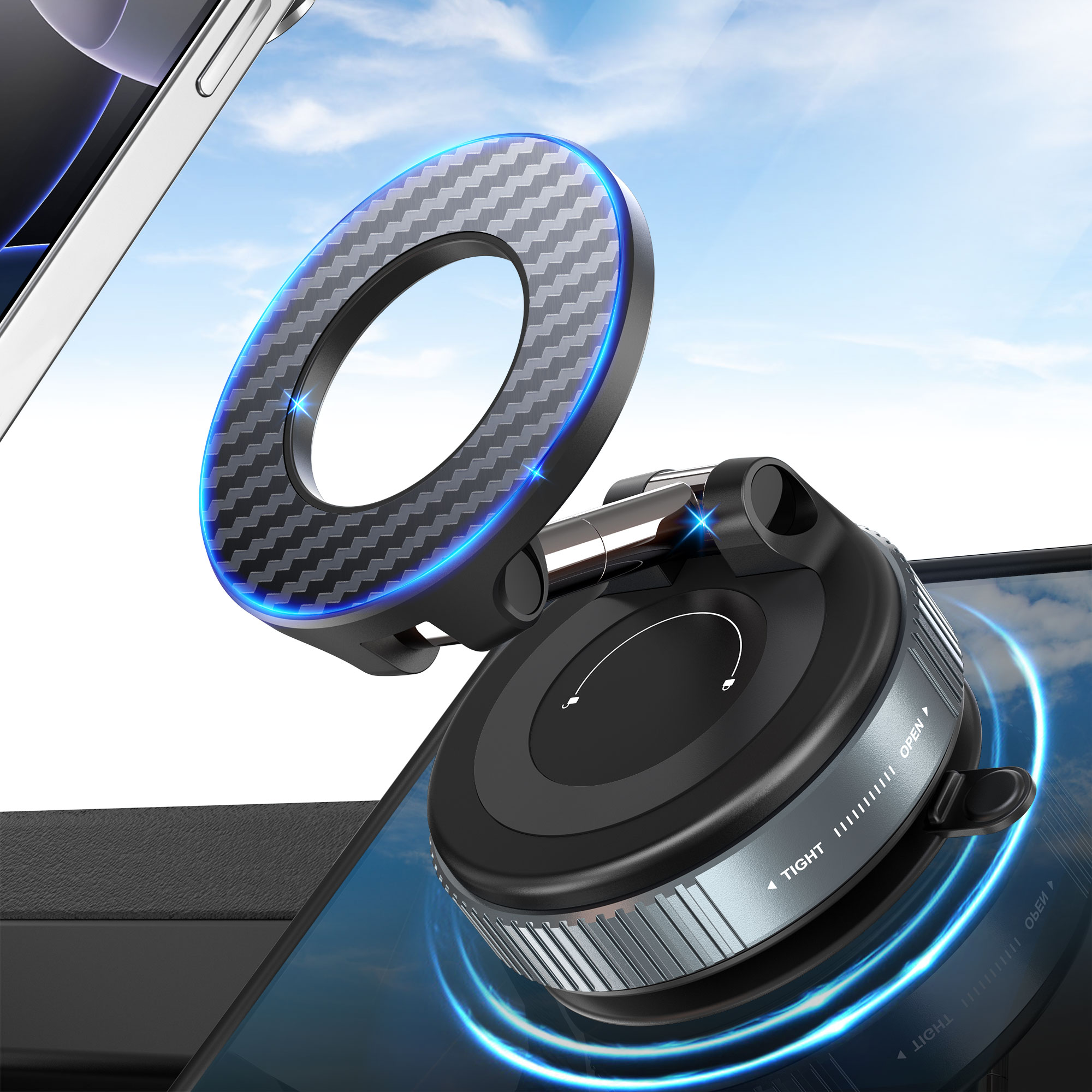 Tesla-Ready Vacuum Suction Car Mount for MagSafe - 360° Adjustable, Foldable, Strong N55 Magnets
