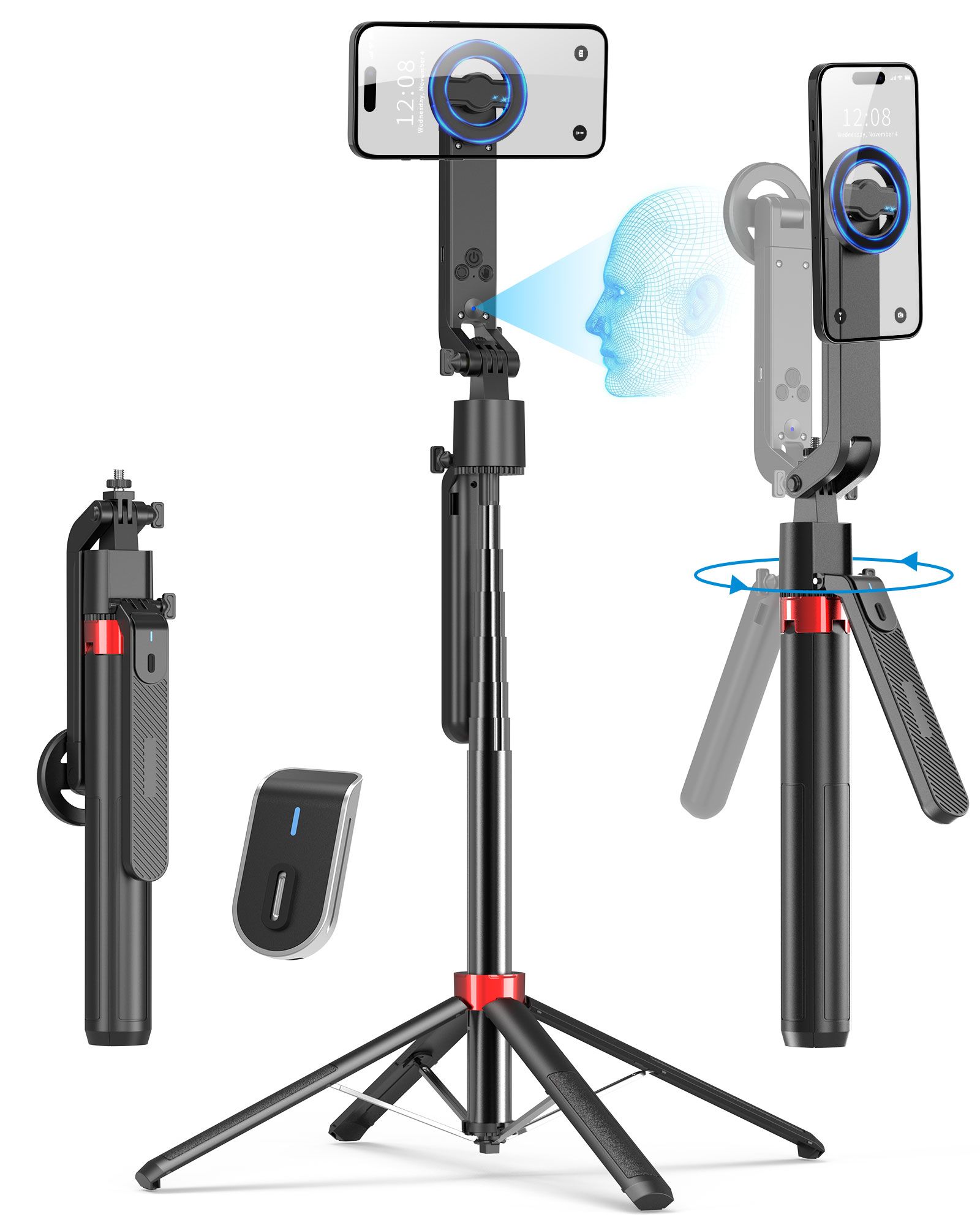 Magnetic Selfie Stick – Floor Standing with AI Face Tracking | Auto 360° Tracking, Gesture Control & Bluetooth Remote