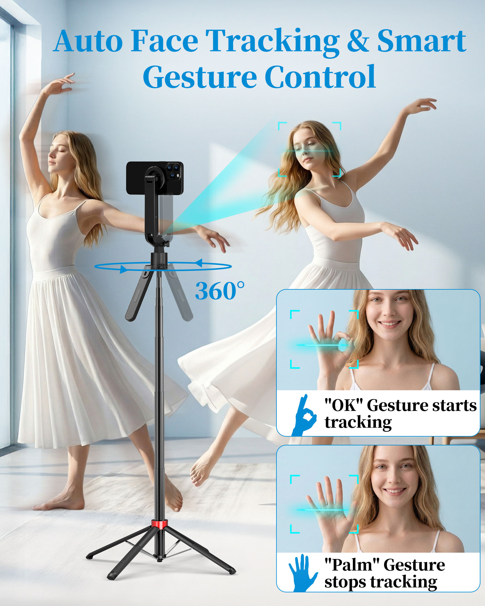 Magnetic Selfie Stick – Floor Standing with AI Face Tracking | Auto 360° Tracking, Gesture Control & Bluetooth Remote