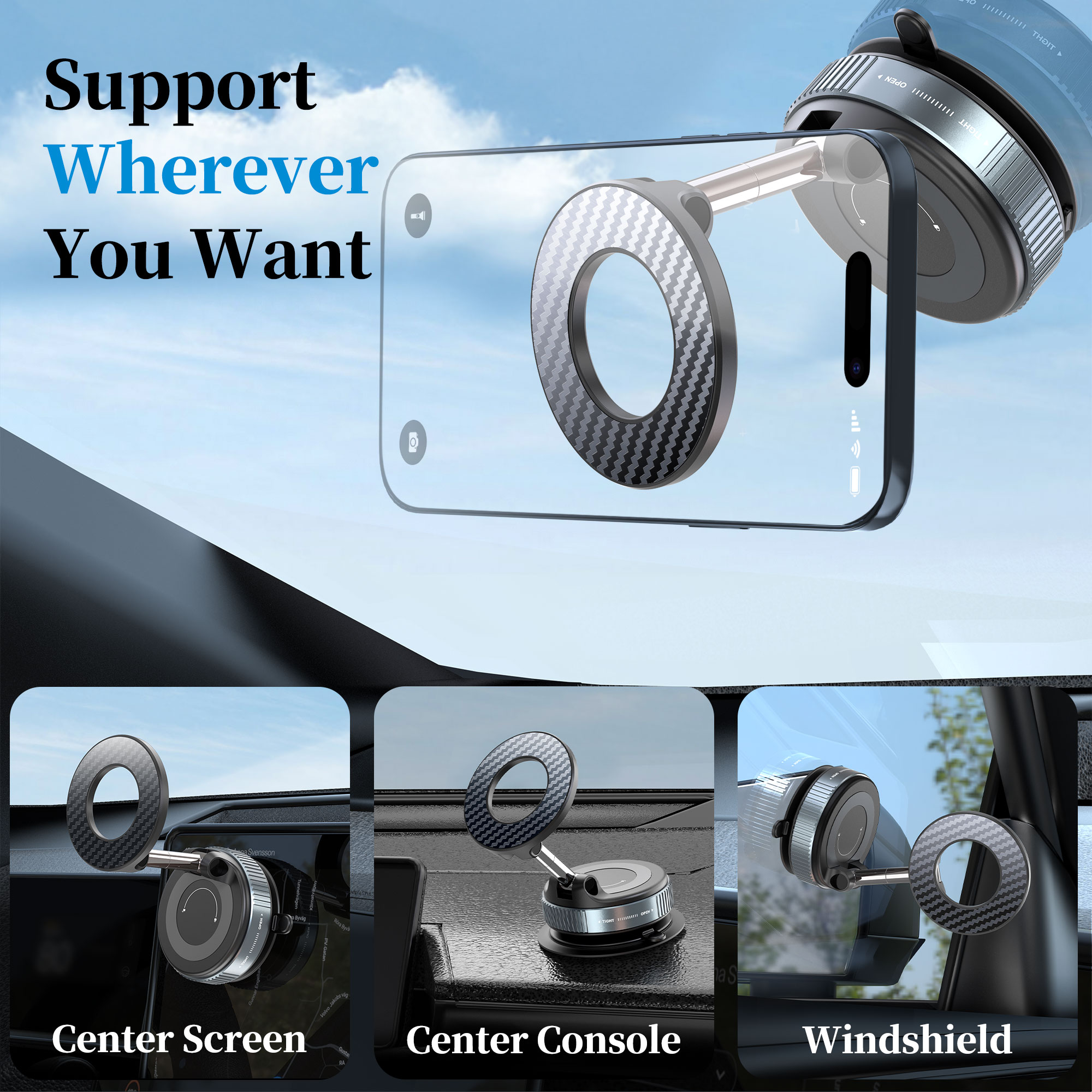 Tesla-Ready Vacuum Suction Car Mount for MagSafe - 360° Adjustable, Foldable, Strong N55 Magnets