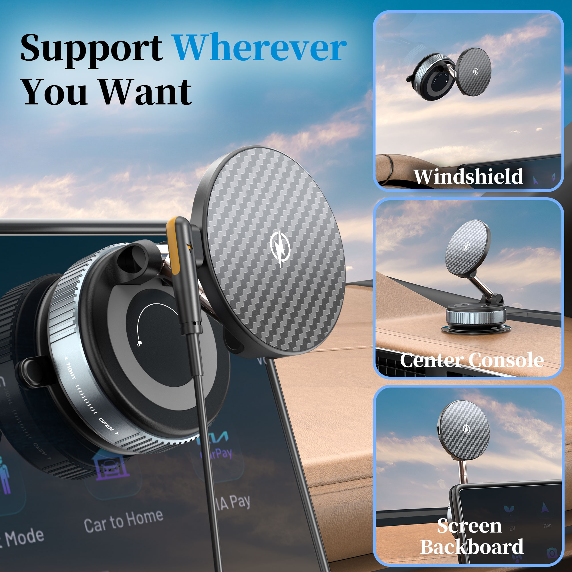 Upgraded MagSafe Car Mount | Vacuum Suction | 15W Fast Charging | 360° Adjustable