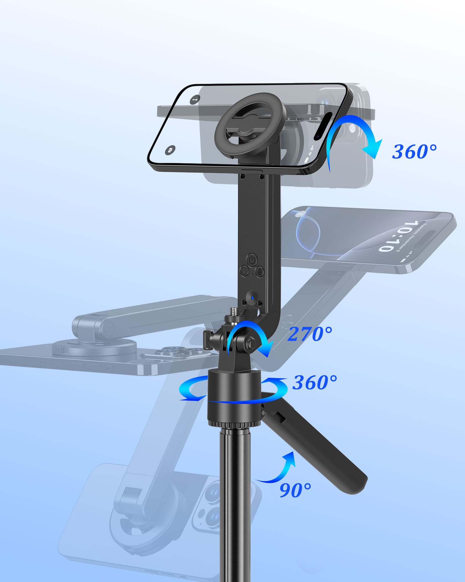 Magnetic Selfie Stick – Floor Standing with AI Face Tracking | Auto 360° Tracking, Gesture Control & Bluetooth Remote