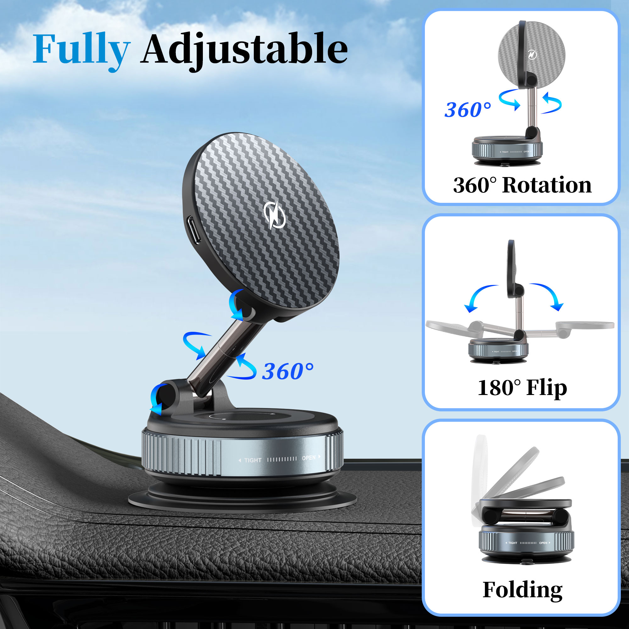 Upgraded MagSafe Car Mount | Vacuum Suction | 15W Fast Charging | 360° Adjustable