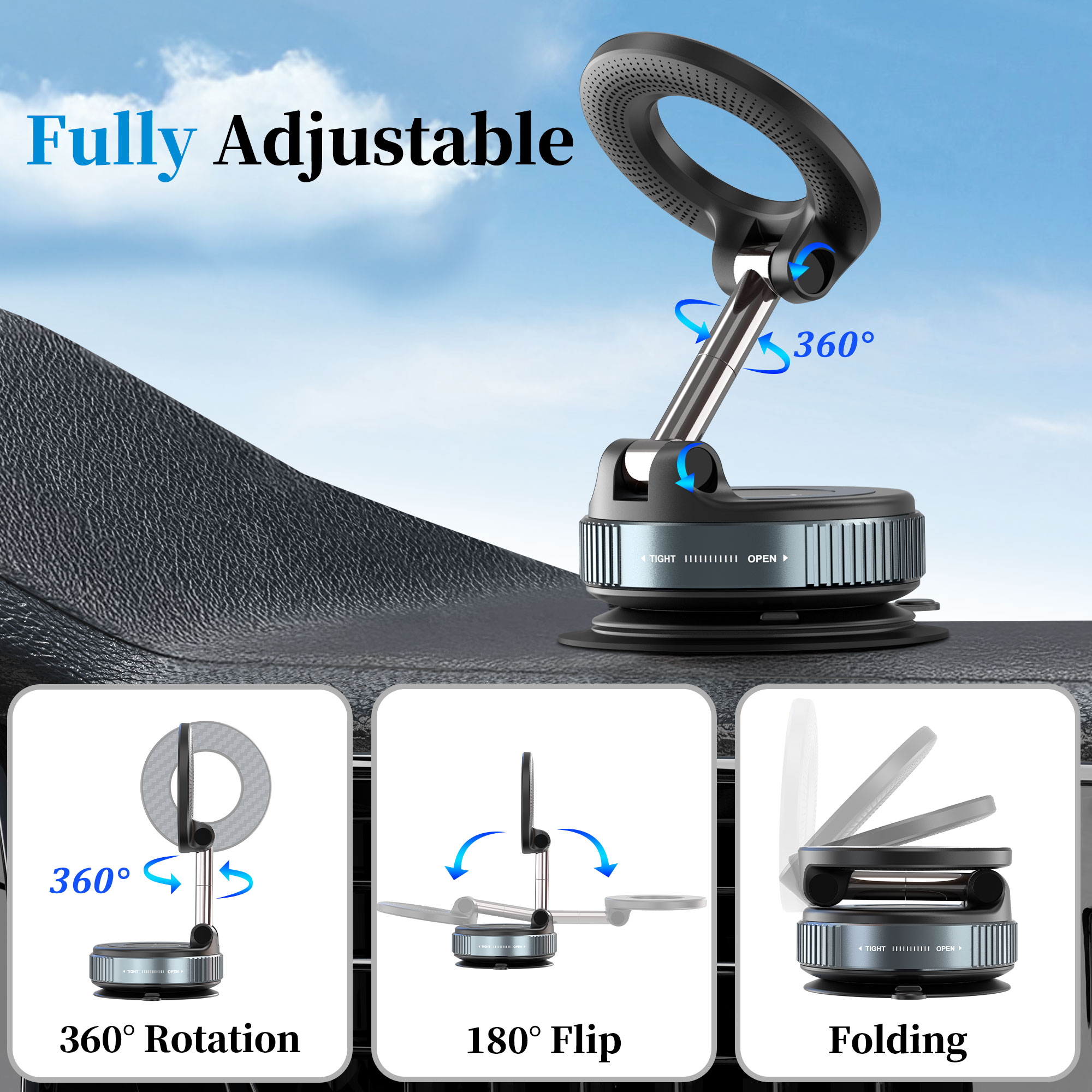 Tesla-Ready Vacuum Suction Car Mount for MagSafe - 360° Adjustable, Foldable, Strong N55 Magnets