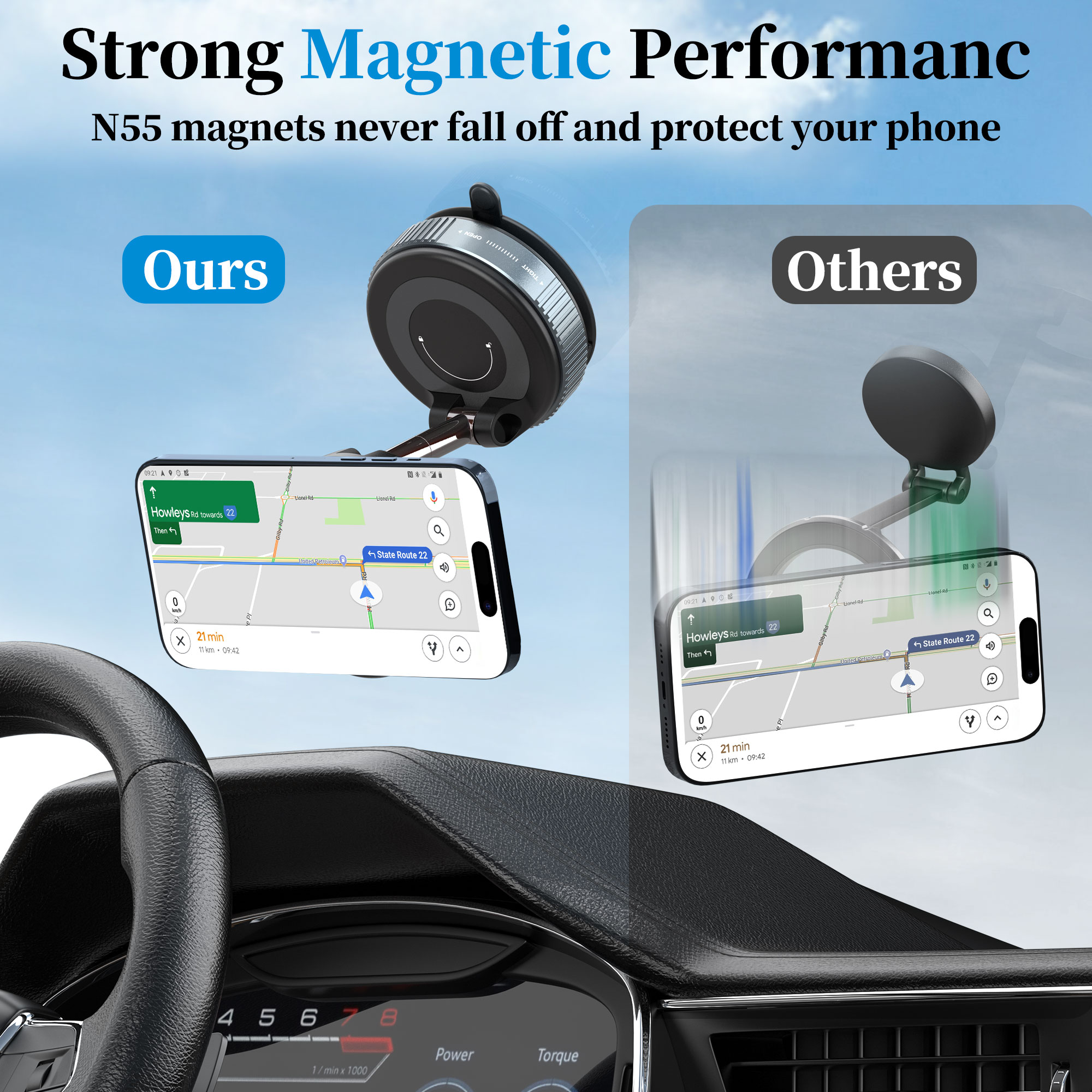 Tesla-Ready Vacuum Suction Car Mount for MagSafe - 360° Adjustable, Foldable, Strong N55 Magnets