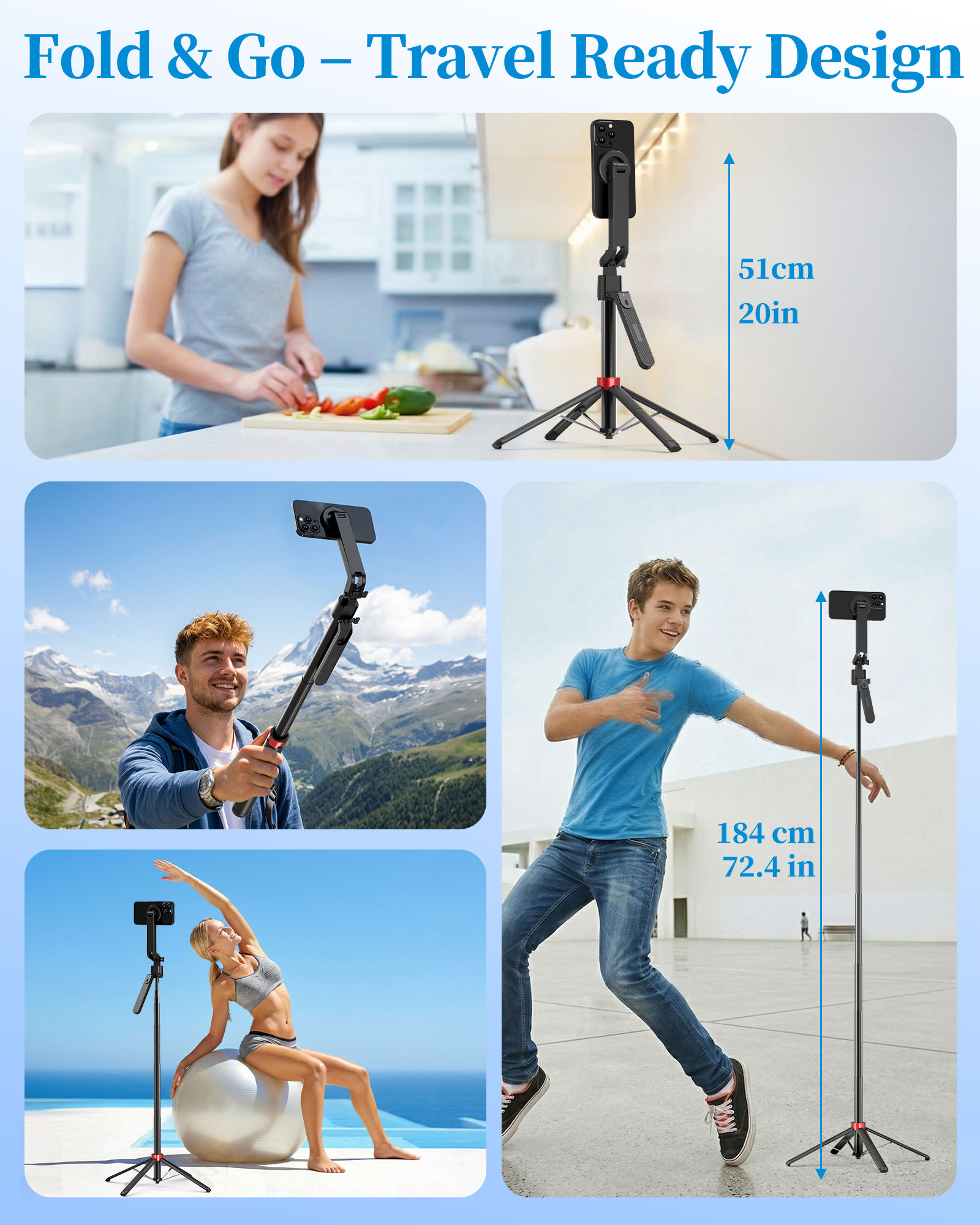 Magnetic Selfie Stick – Floor Standing with AI Face Tracking | Auto 360° Tracking, Gesture Control & Bluetooth Remote