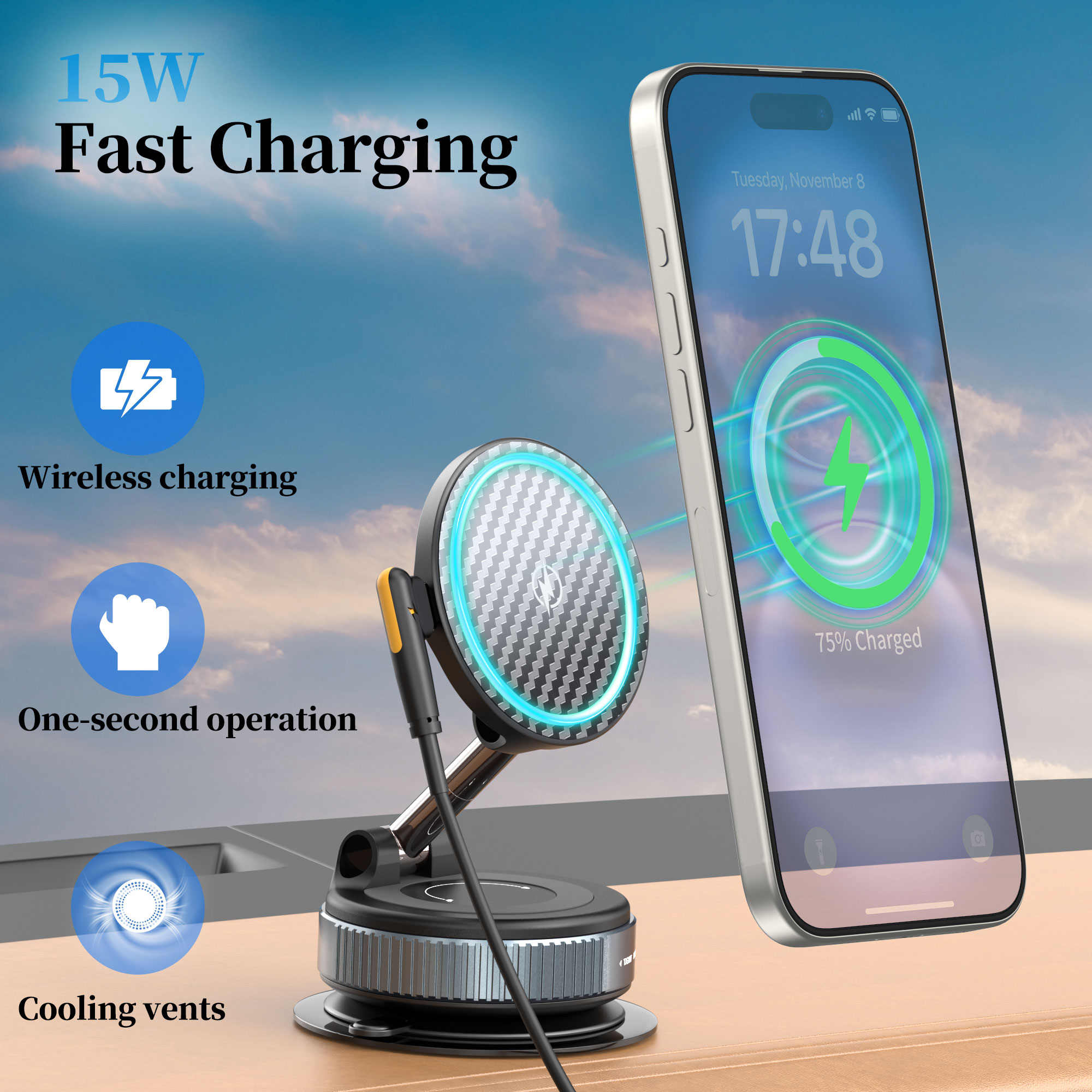 Upgraded MagSafe Car Mount | Vacuum Suction | 15W Fast Charging | 360° Adjustable