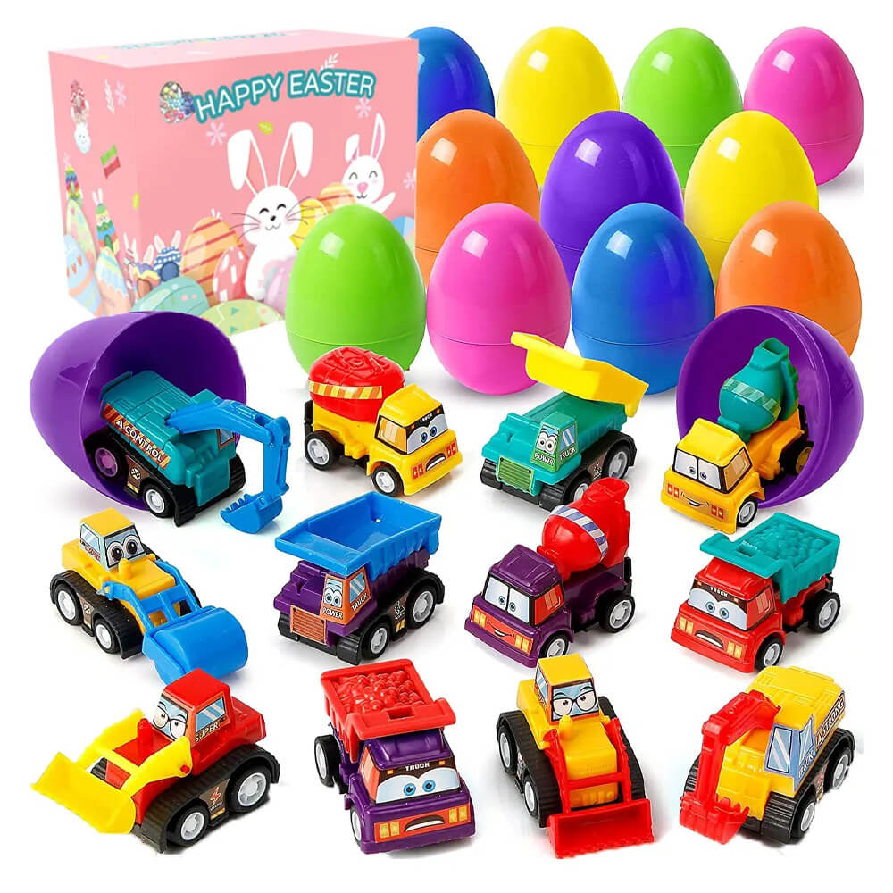 Easter Eggs Filled With Pullback Construction Vehicles, Cute Animals, Dinosaurs, Jewelry pieces
