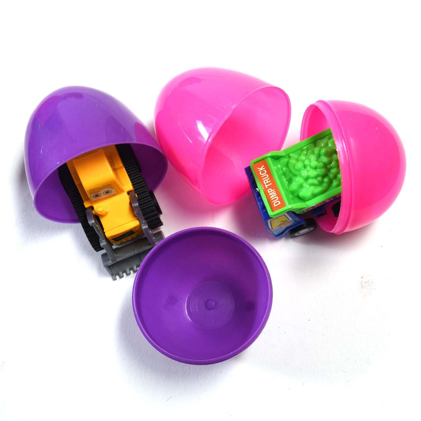 Easter Eggs Filled With Pullback Construction Vehicles, Cute Animals, Dinosaurs, Jewelry pieces