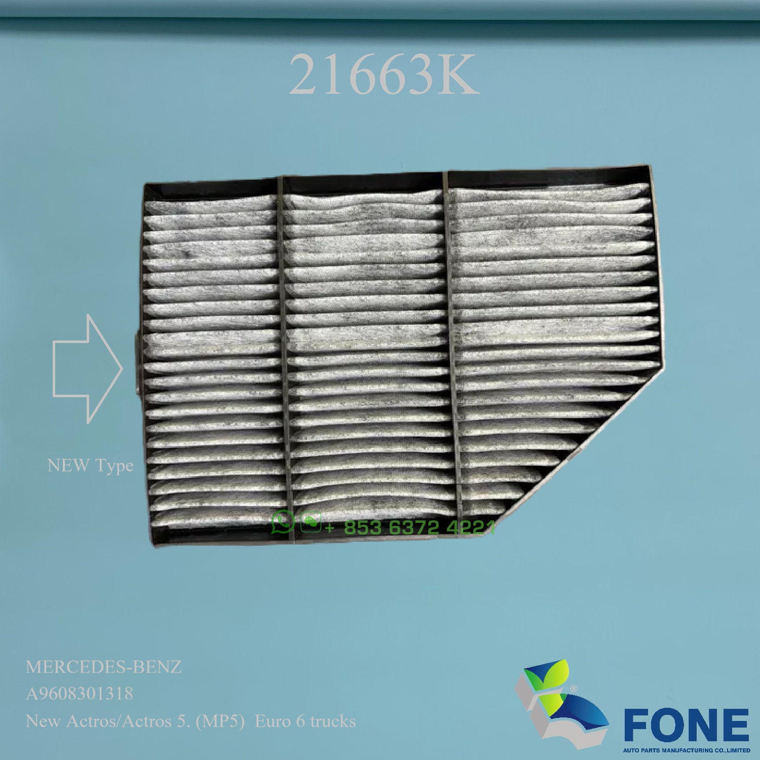 21663 CABIN AIR FILTER FOR MERCEDES-BENZ MP5
New Actros/Actros 5. (MP5)  Euro 6 trucks
A9608301118
9608301118
LA2068
A9608301318
9608301318
LAK2068

