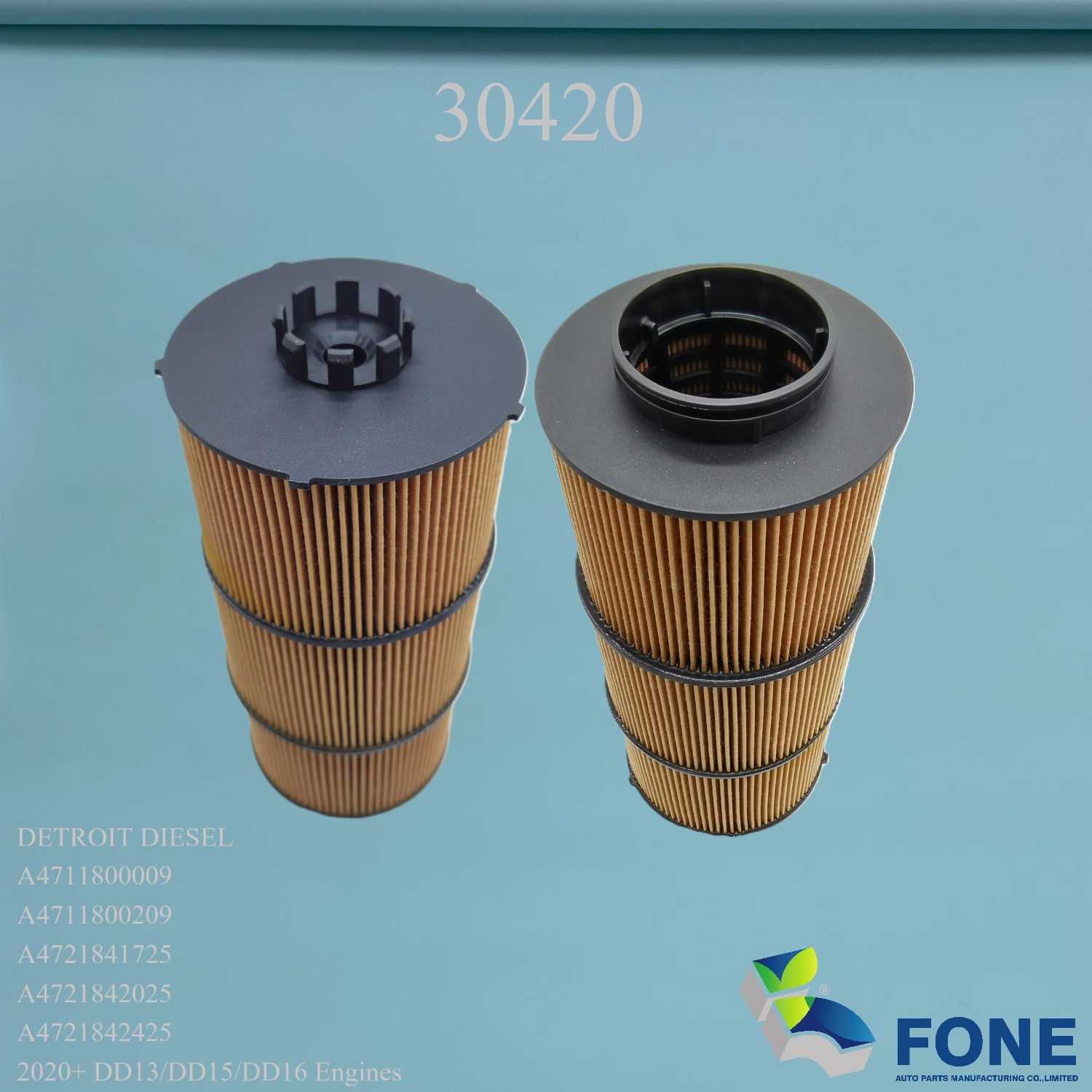 30420 OIL FILTER ELEMENT FOR DETROIT DIESEL
BALDWIN	P41000
DETROIT DIESEL	A4711800009
DETROIT DIESEL	A4711800209
DETROIT DIESEL	A4721841725
DETROIT DIESEL	A4721842025
DETROIT DIESEL	A4721842425
DONALDSON	P582506
DONALDSON	P959264
FLEETGUARD	LF17800
FLEETGUARD	LF17810
Detroit DD13, DD16 Engines