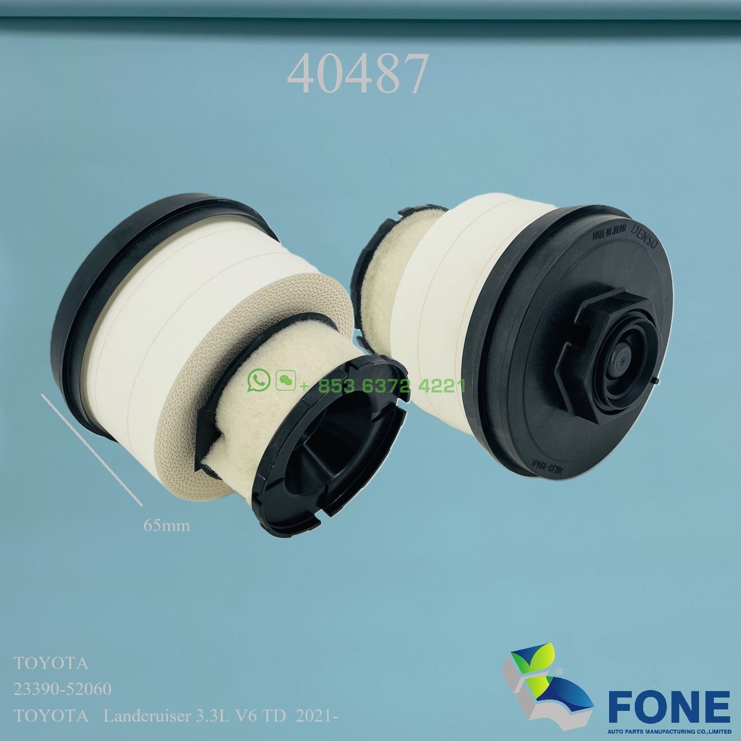 40487 FUEL FILTER FOR TOYOTA
RYCO	R2999P
TOYOTA	23390-52060
WESFIL(AU)	WCF409
TOYOTA   Landcruiser 3.3L V6 TD  2021-