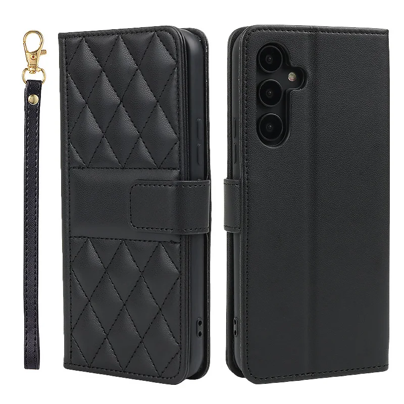 Lanyard Flip Checkered Leather Wallet Case For Samsung