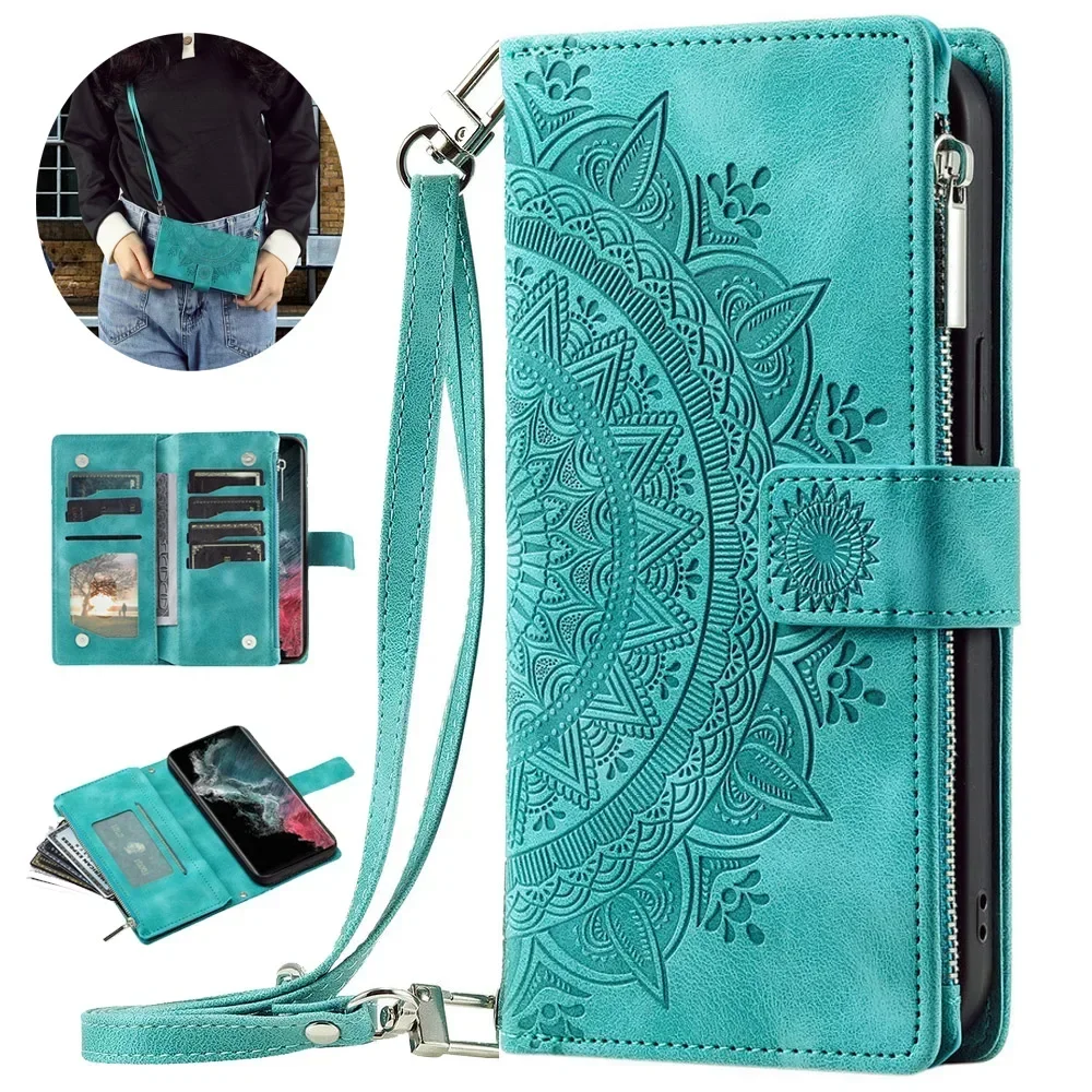 Luxury Leather Embossed Card Slots Zipper Wallet Case for iPhone