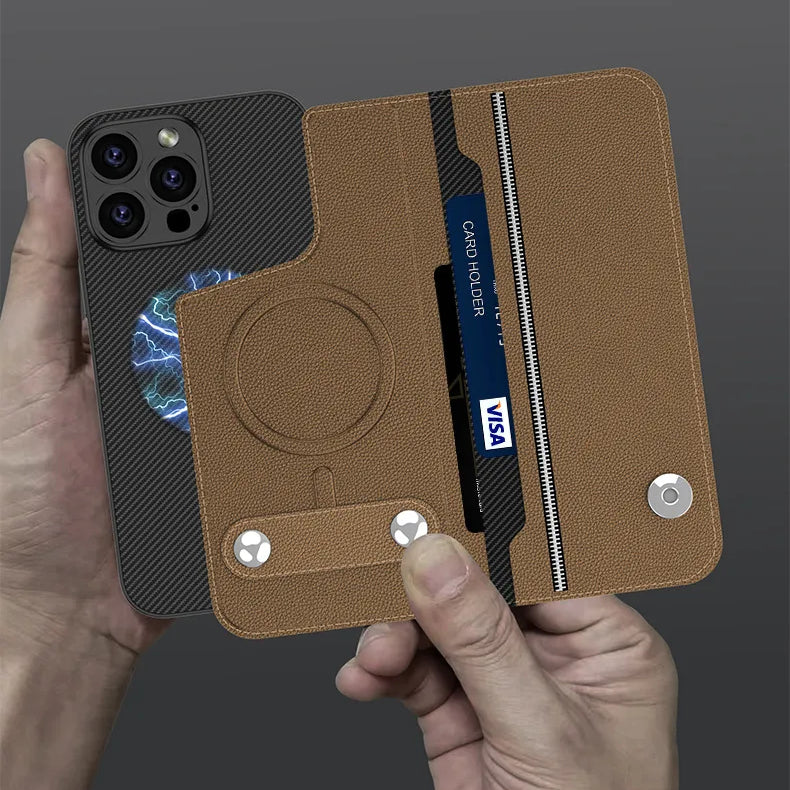 Flip Card Holder Magnetic Wireless Charging 2 in 1 Leather  Case For iPhone