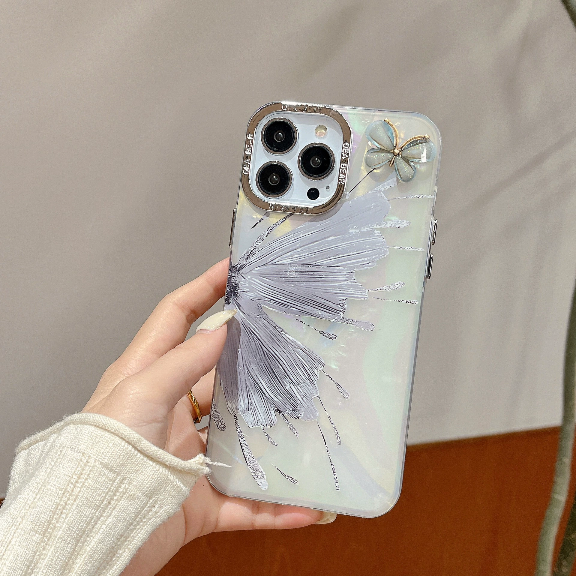 Plating Glitter Butterfly With Wrist Chain Case  For iPhone