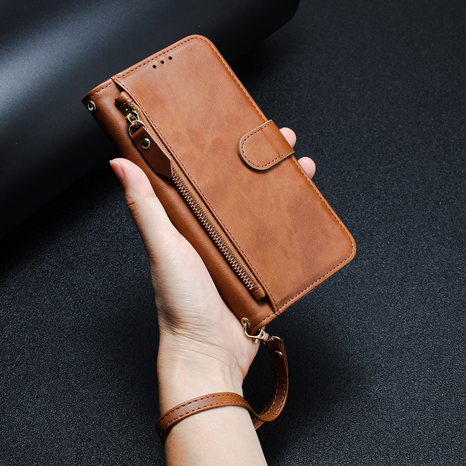 Wristband Zipper Card Slot Leather Wallet Case for Samsung