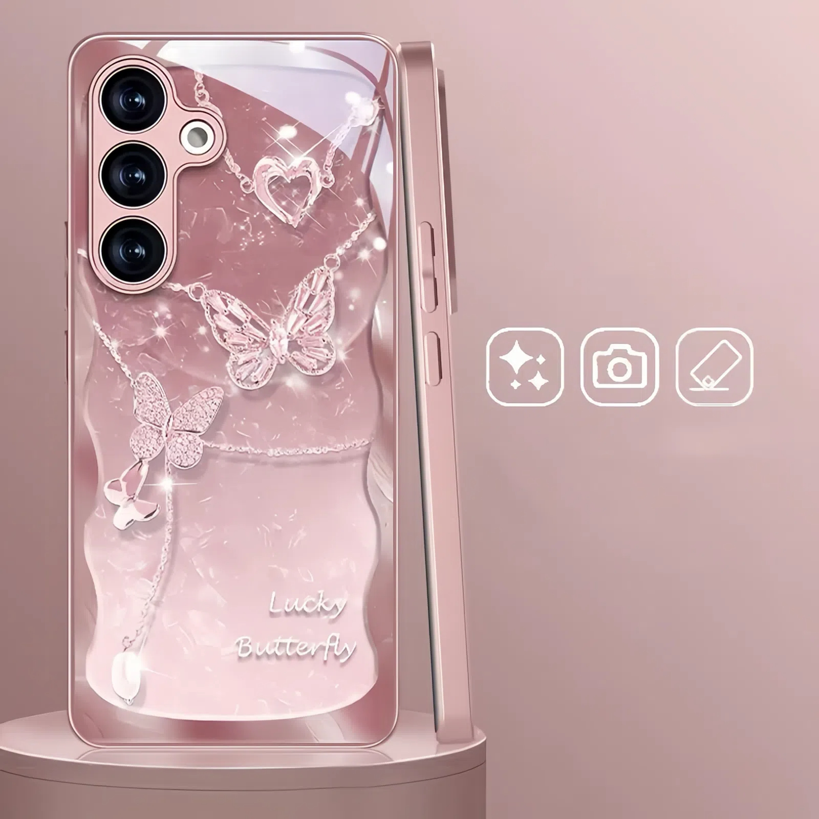 Metallic Paint Chain Butterfly Glass Case For Samsung