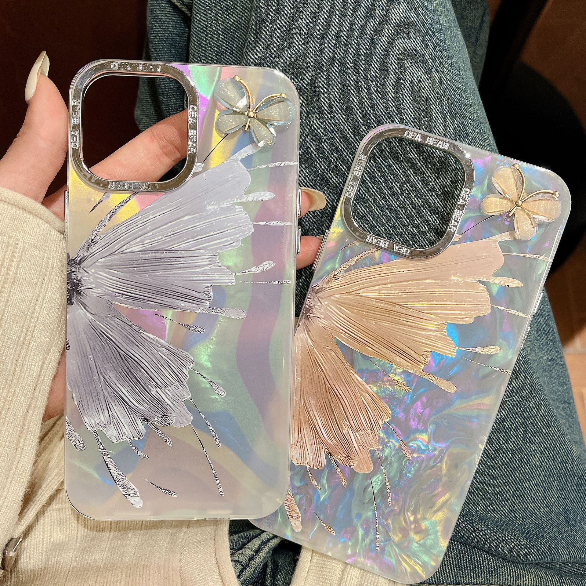 Plating Glitter Butterfly With Wrist Chain Case  For iPhone