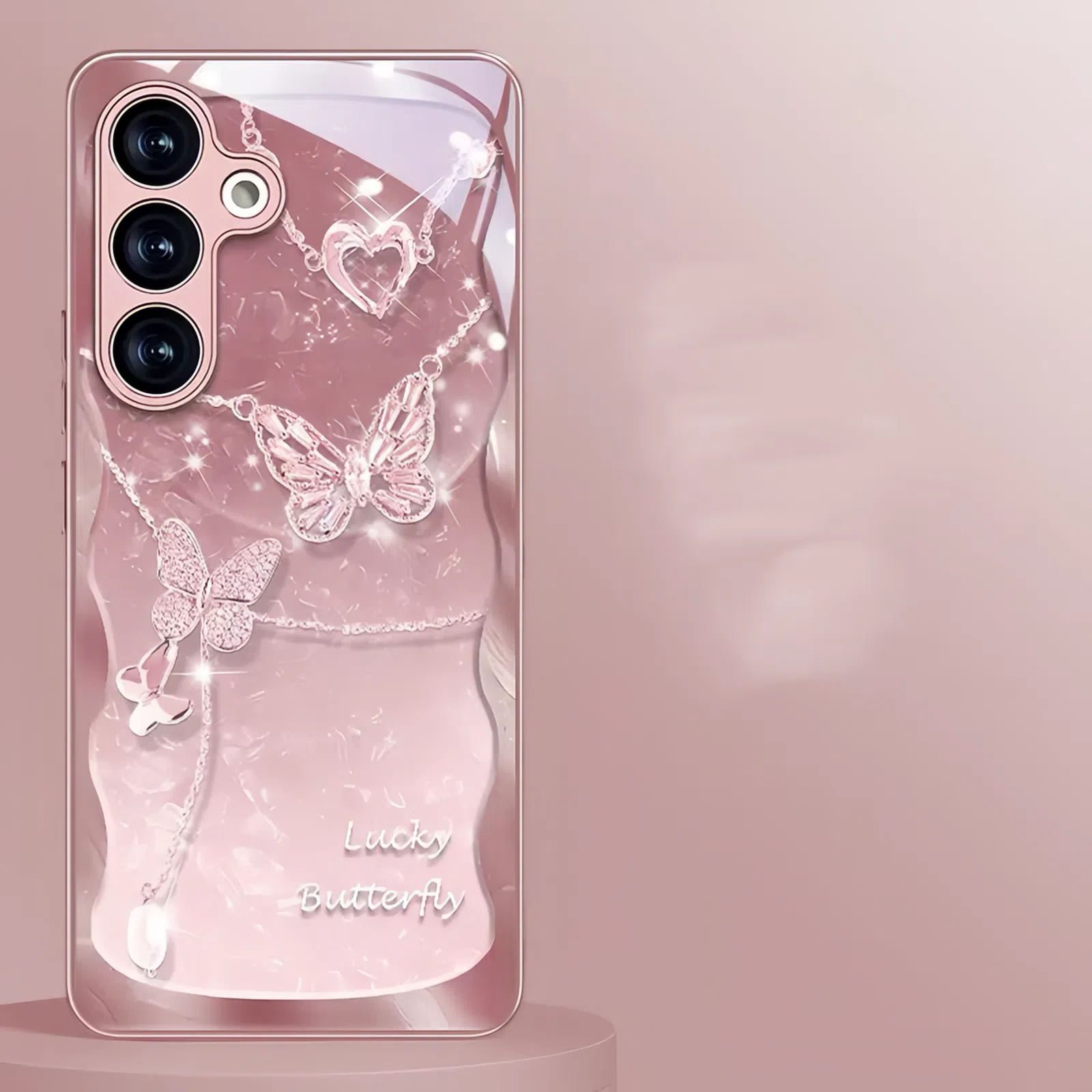 Metallic Paint Chain Butterfly Glass Case For Samsung