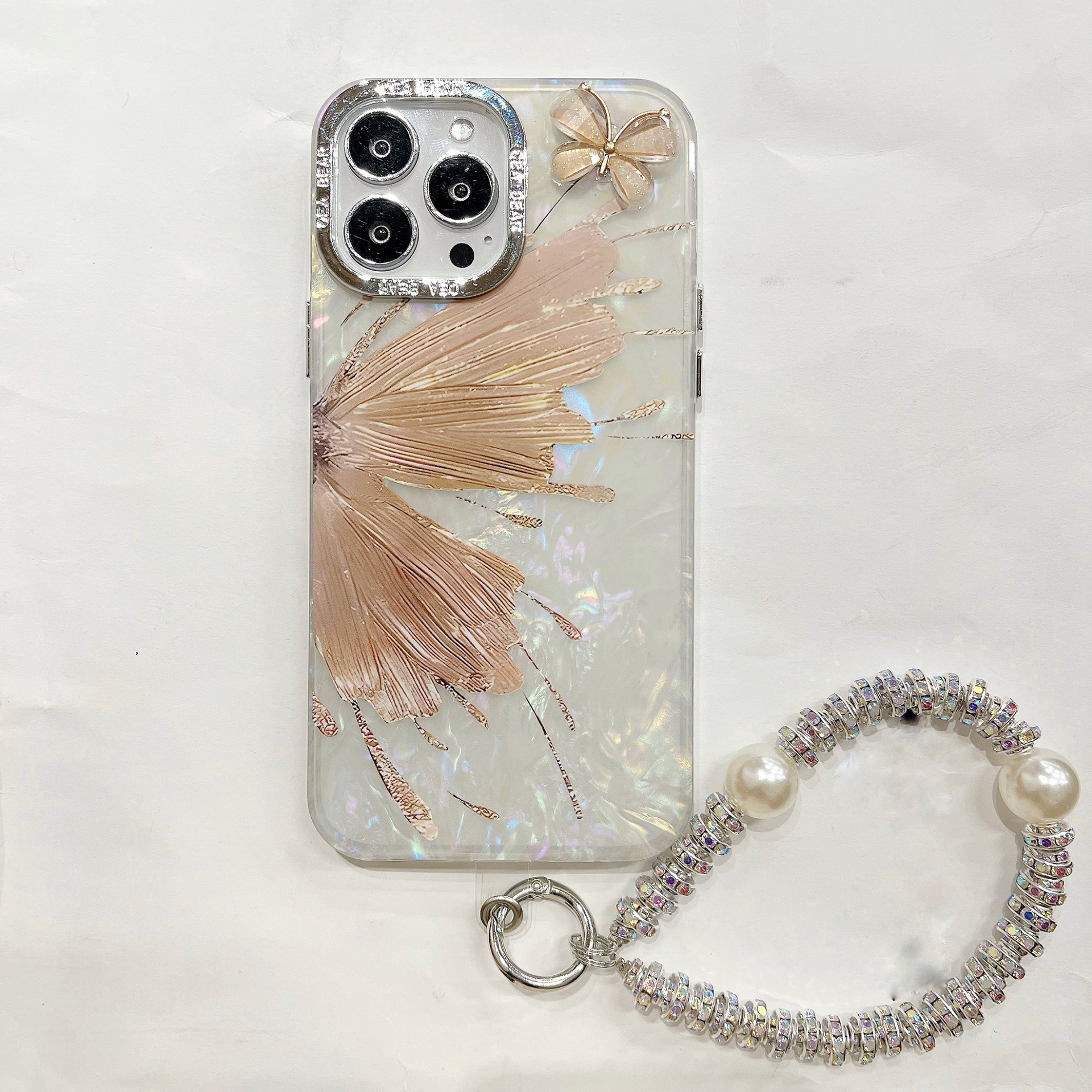 Plating Glitter Butterfly With Wrist Chain Case  For iPhone