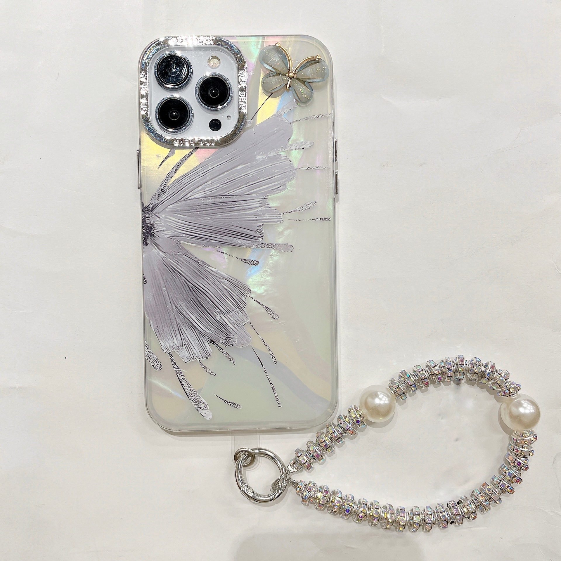 Plating Glitter Butterfly With Wrist Chain Case  For iPhone