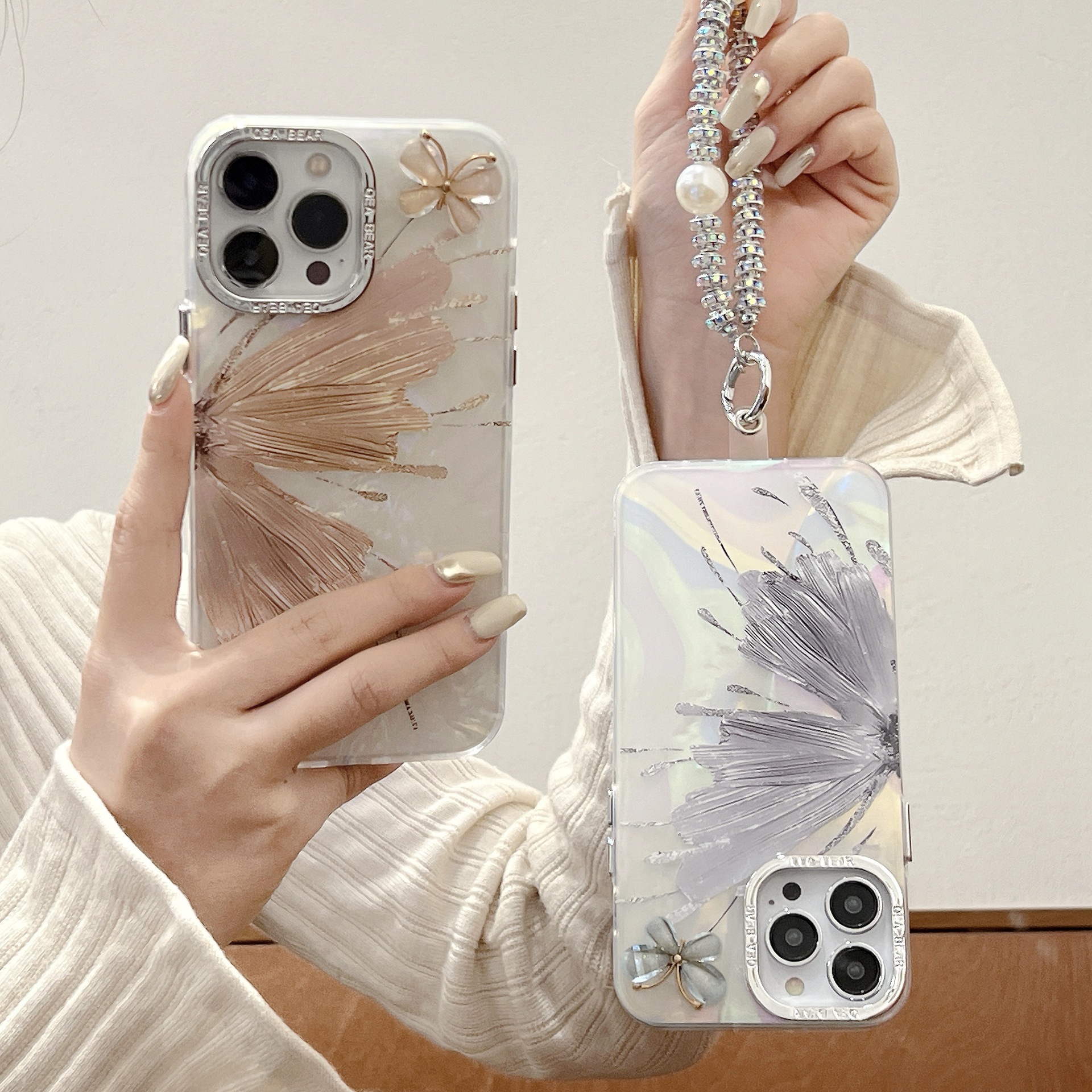 Plating Glitter Butterfly With Wrist Chain Case  For iPhone