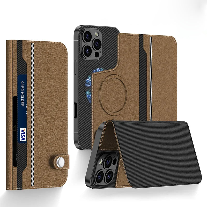 Flip Card Holder Magnetic Wireless Charging 2 in 1 Leather  Case For iPhone