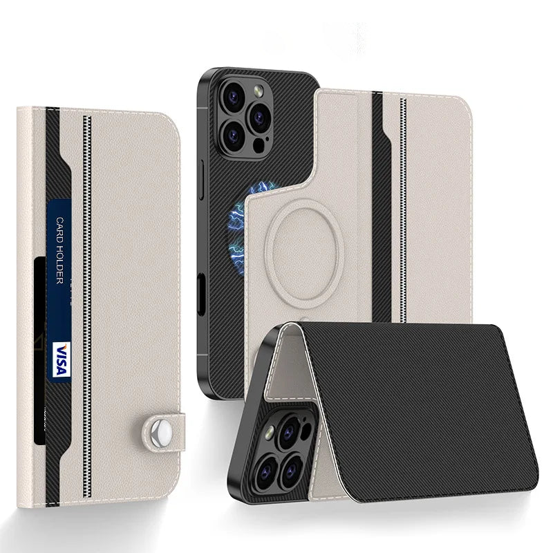 Flip Card Holder Magnetic Wireless Charging 2 in 1 Leather  Case For iPhone