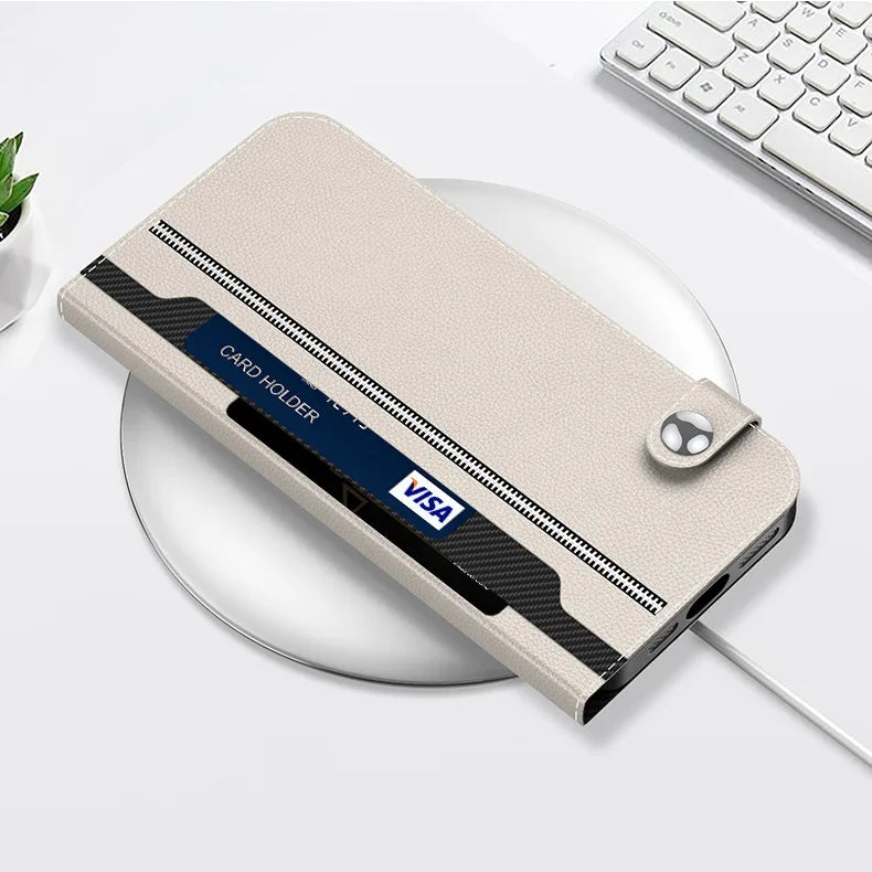 Flip Card Holder Magnetic Wireless Charging 2 in 1 Leather  Case For iPhone