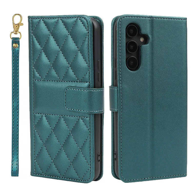 Lanyard Flip Checkered Leather Wallet Case For Samsung